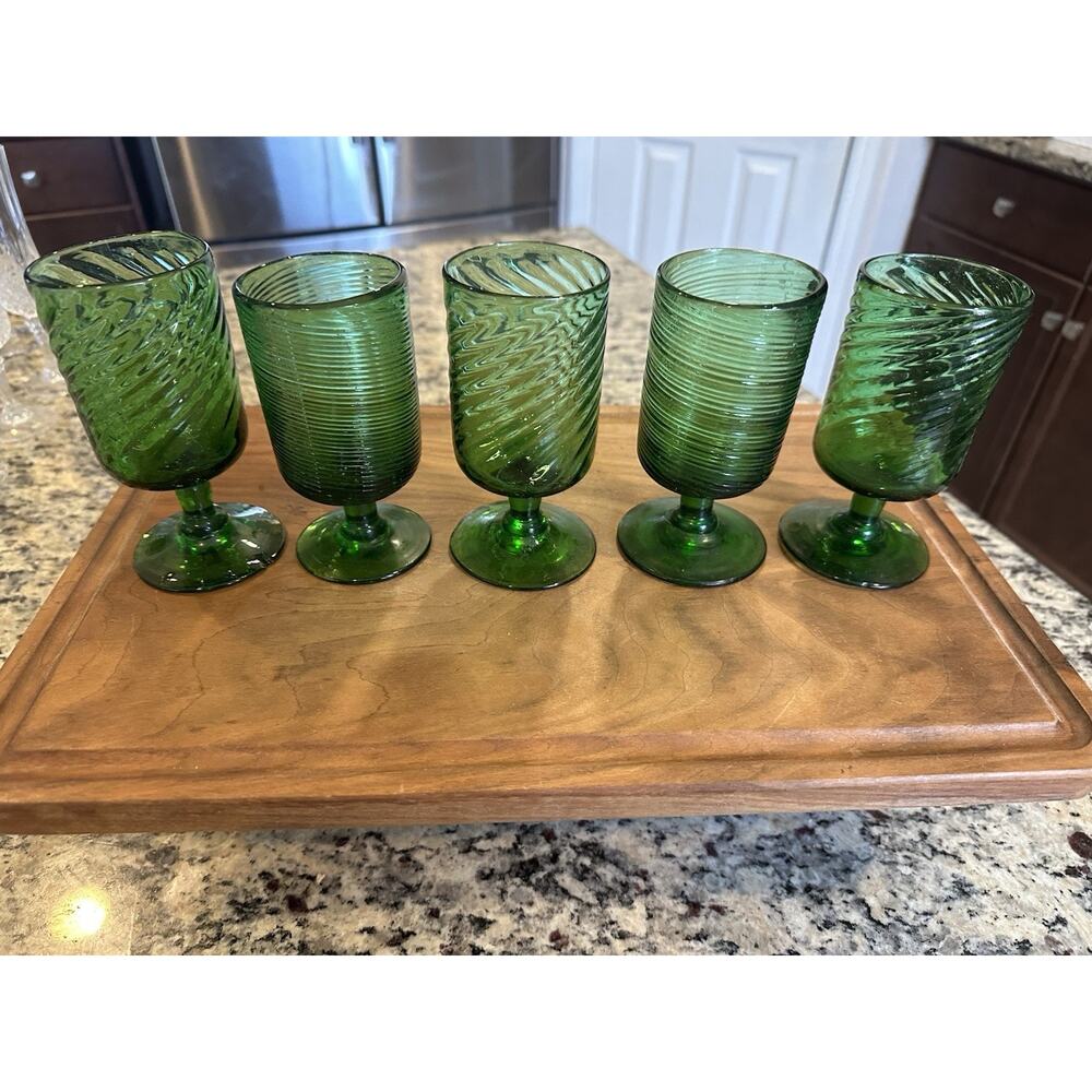 Vintage Hand blown Emerald Green Glasses Set Of 5